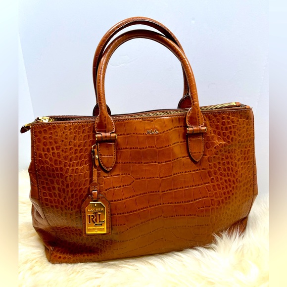 Lauren Ralph Lauren Handbags - Lauren Ralph Lauren Lanesborough Bourbon Leather Genuine Croc Embossed  Satchel